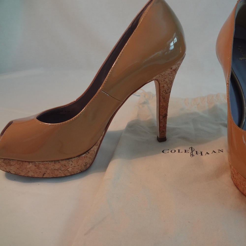 Cole Haan Patent Leather Tan Cork Pumps